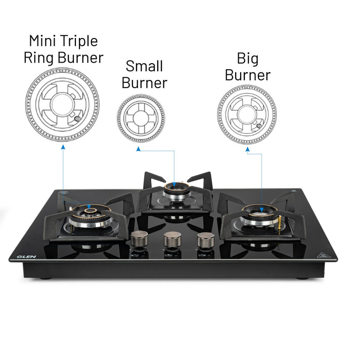 3 Burner DFVS Glass Hob with Mini Triple Ring Forged Brass Burner Auto Ignition (BH1073DFHTMTR70)