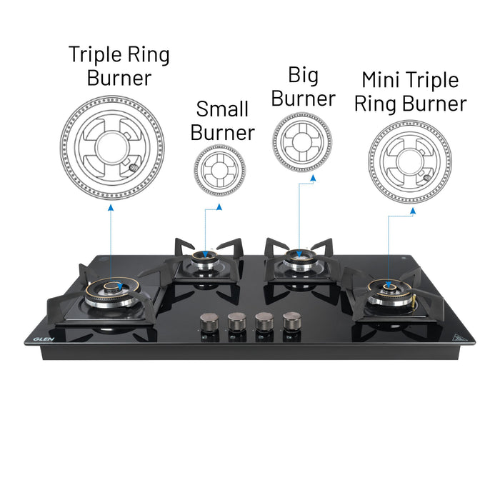 4 Burner DFVS XL Glass Hob with 2 Triple Ring Forged Brass Burners Auto Ignition (BH1094XLDFHT2TR)