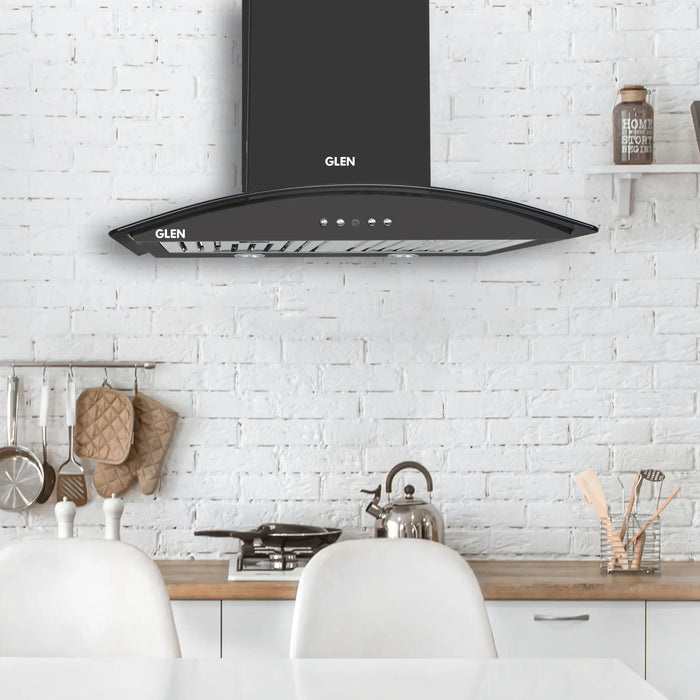 Electric Kitchen Chimney, Curved Glass SS Baffle filters 60cm 1100 m³/h - Black (6071 IN BLK)