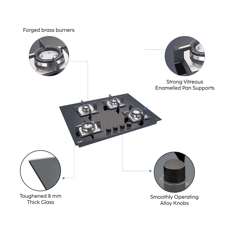 4 Burner Glass Hob Top with Double Ring Forged Brass Burner Auto Ignition (1074 SQ HT DB)