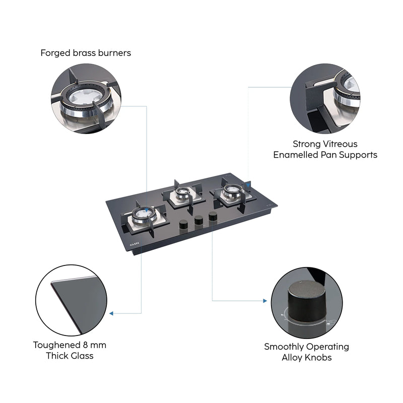 3 Burner Glass Hob Top with Double Ring Forged Brass Burners Auto Ignition (BH 1073 SQ HT DB 70)