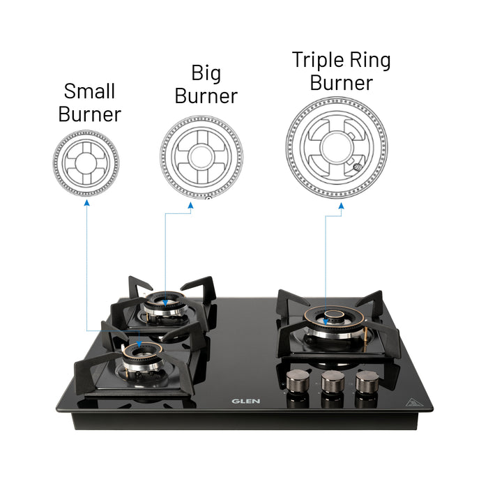 3 Burner DFVS Glass Hob with Triple Ring Forged Brass Burners Auto Ignition (BH1063DFHTTR)