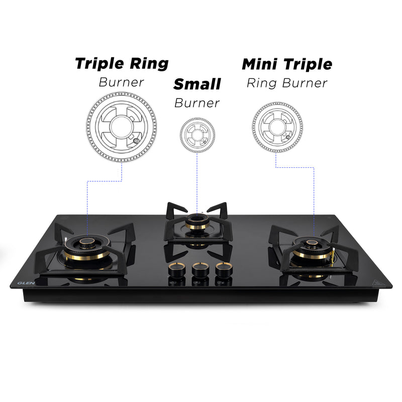 3 Burner DFVS Glass Hob with 2 Triple Ring Total Brass Burners Auto Ignition (BH1093XLDFTHT2TR)
