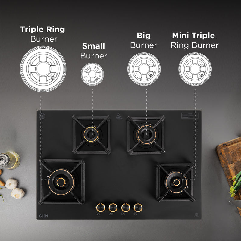 4 Burner DFVS Matt Glass Hob with 2 Triple Ring Total Brass Burners Auto Ignition (BH1074DFTHT2TRMG)