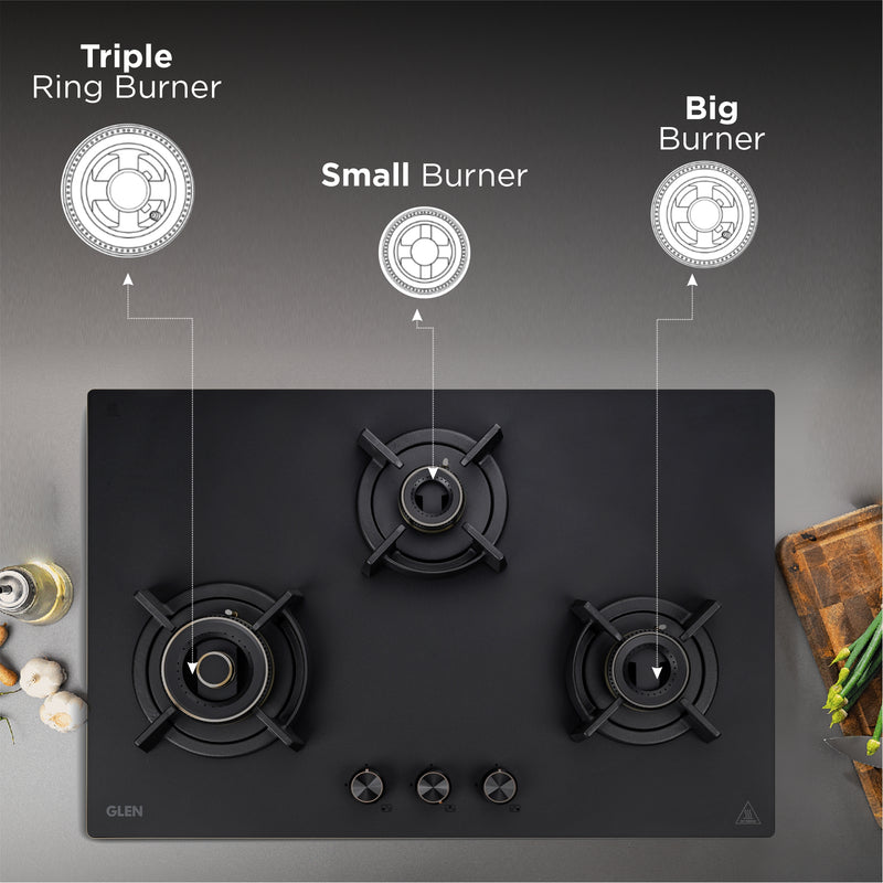 3 Burner DFVS Matte Glass Hob Top Triple Ring Full Brass Burners Auto Ignition (BH-1073RCIHTDFTTRMG)