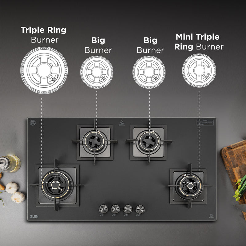 4 Burner Matt Glass Hob Top 2 Triple Ring Burner Double Ring Forged Brass Burner Auto Ignition (BH1094SQHT2TRMG)