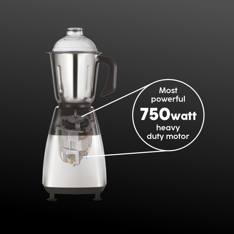 Mixer Grinder 750W with 1 Transparent Jar 3 Stainless Steel Jars - Black & Silver (SA4023PLATINUM)