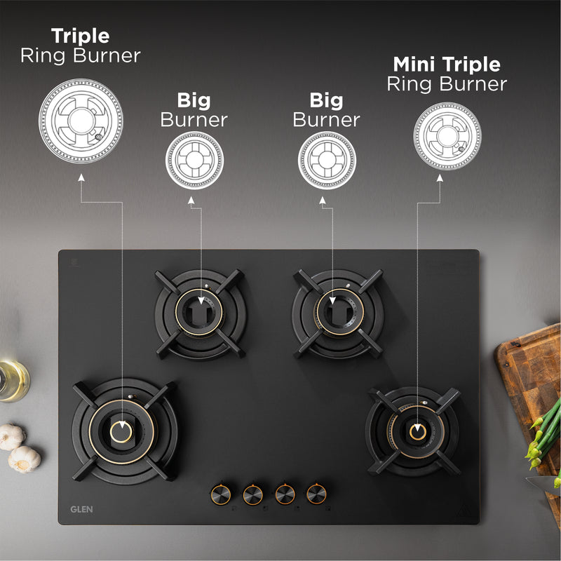 4 Burner DFVS Matte Glass Hob Top 2 Triple Ring Full Brass Burners Auto Ignition (BH-1074RCIHTDFT2TRMG)