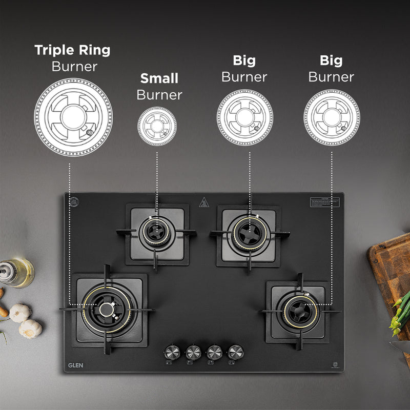 4 Burner Matt Glass Hob Top Triple Ring Burner Double Ring Forged Brass Burner Auto Ignition (BH1074SQHTTRMG)
