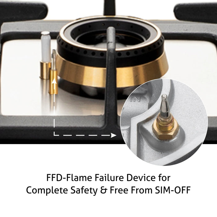 4 Burner Glass Gas Hob Top with Triple Ring Burner Total Double Ring Brass Burner with Flame Failure Device Auto Ignition (BH1094XLHTT2TRMGS)