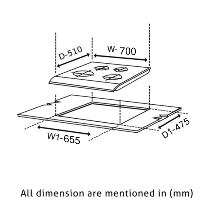 4 Burner Stainless Steel Hob Top Triple Ring, Double Ring Forged Brass Burners Auto Ignition (BH1074SQHTSSDBMT70)