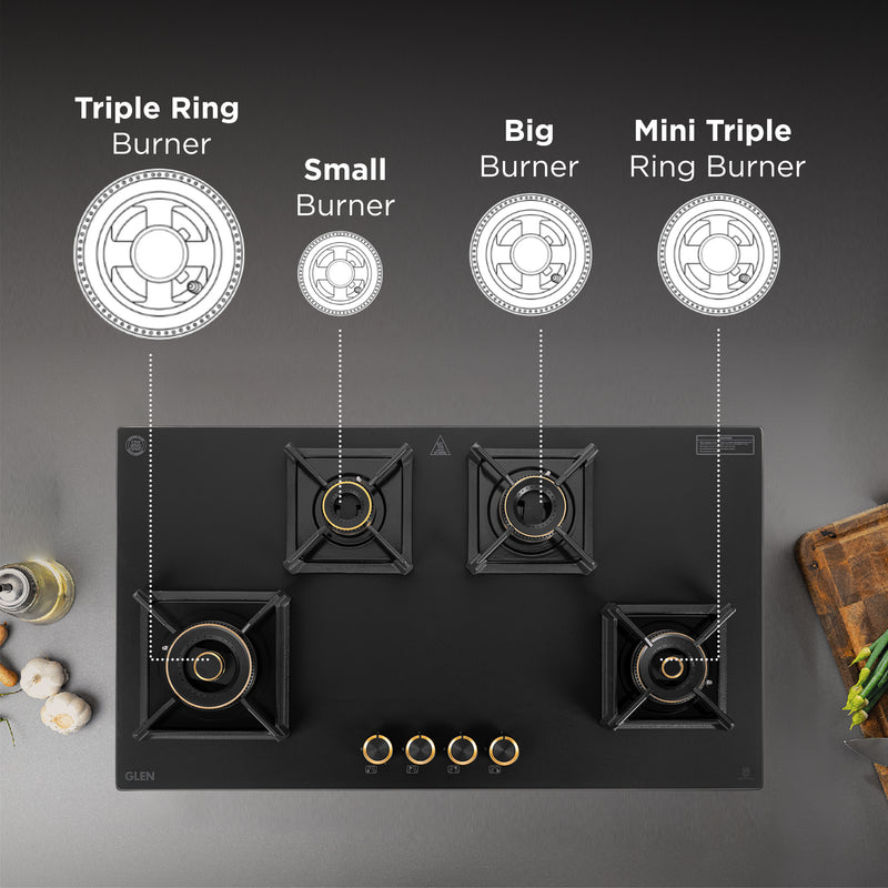 4 Burner DFVS Matt Glass Hob with 2 Triple Ring Total Brass Burners Auto Ignition (BH1094XLDFTHT2TRMG)