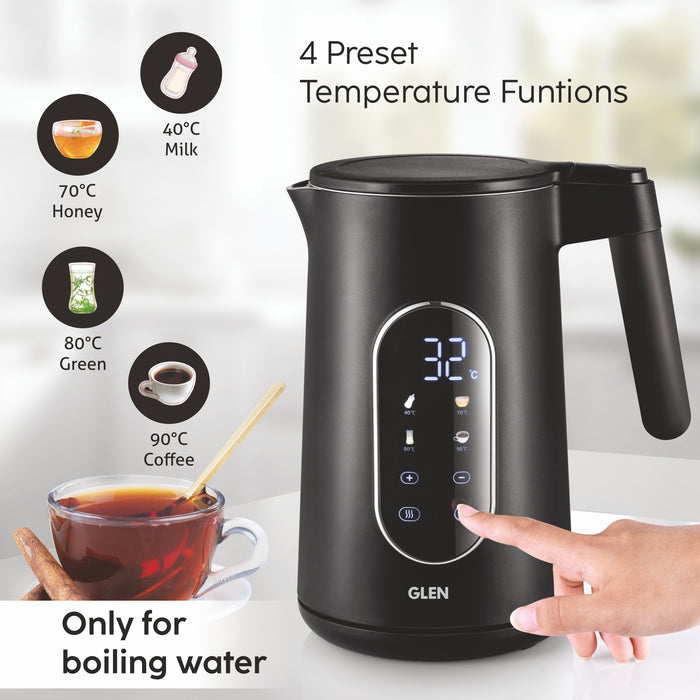 Electric Kettle 1.5 Litre with Digital Display Touch Control and 4 Pre Set Functions, Auto Shutoff, 2000W (SA-9009SSBL)