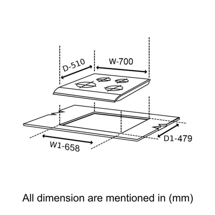 4 Burner DFVS Glass Hob with Mini Triple Ring Forged Brass Burner Auto Ignition (BH1074DFHTMTR70)