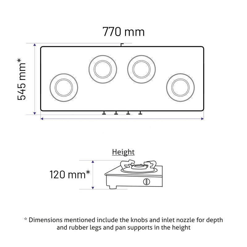 4 Burner Ultra Slim Top Knob Glass Cooktop with High Efficiency Forged Brass Burners - (CT1047USTN)