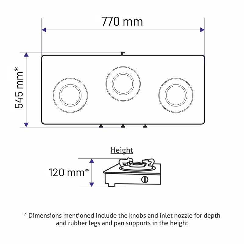 3 Burner Free Standing Hob with Forged Brass Burners Auto Ignition Black (BH1073XLSQFSFBBLAI)