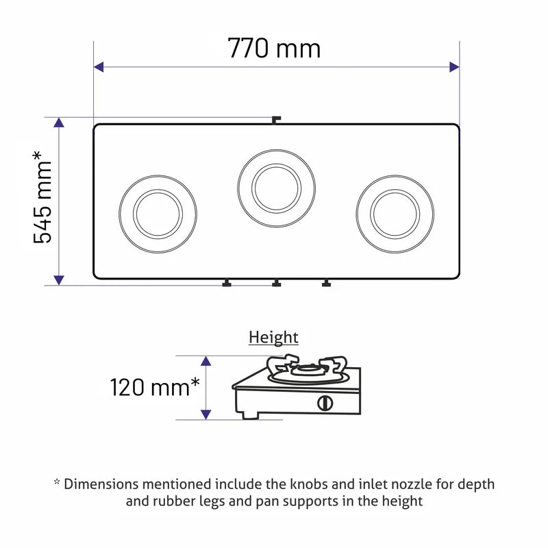 3 Burner Ultra Slim Top Knob Glass Cooktop with High Efficiency Forged Brass Burners - (CT1036USTN)