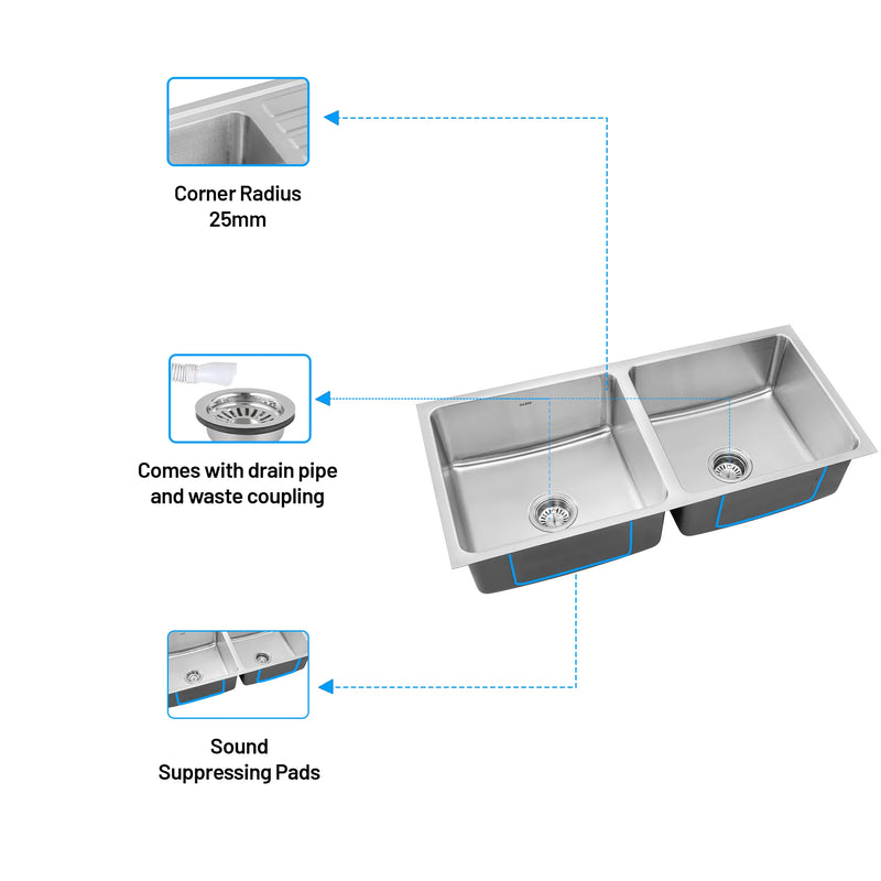Stainless Steel Grade 304 Sink for Kitchen, Double Bowl Press Sink 45x20x9 inches, Matte Finish (KS-SP45209DBM)