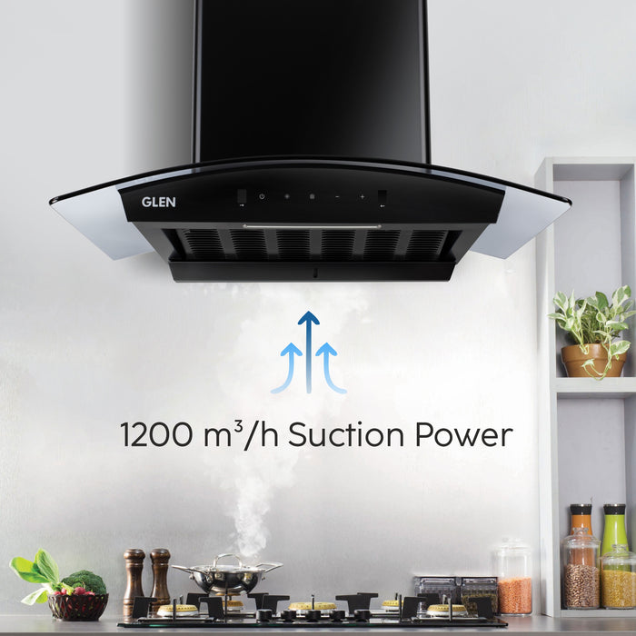 Auto Clean Curved Glass Filter less Kitchen Chimney with Powerful 1200m3/h Powerful Suction 