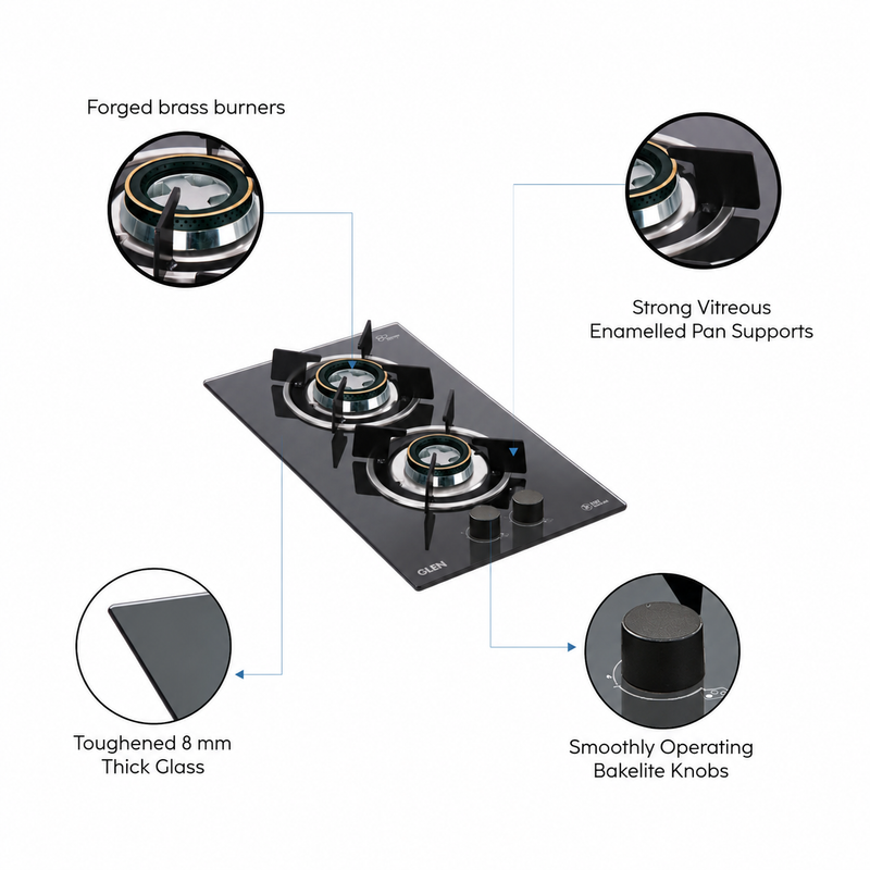 2 Burner Built in Glass Hob with Double Ring Forged Brass Burners Auto Ignition (1012 RODB)