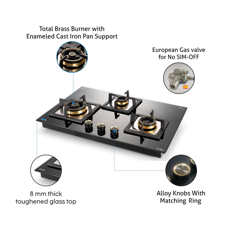 3 Burner Extra Large Glass Gas Hob Top with Triple Ring, Total Double Ring Brass Burner with Flame Failure Device Auto Ignition (1073XLCIHTTDBS)