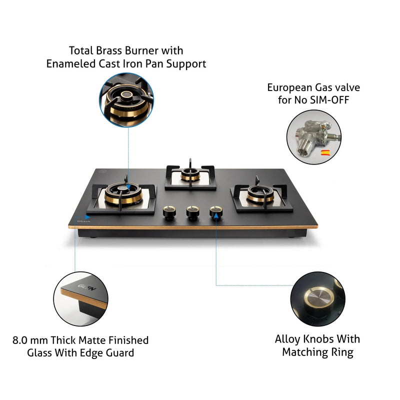 3 Burner Glass Hob Top Triple Ring Burner Total Brass Burners with Flame Failure Device Auto Ignition (1073XLCIHTTTRMGS)