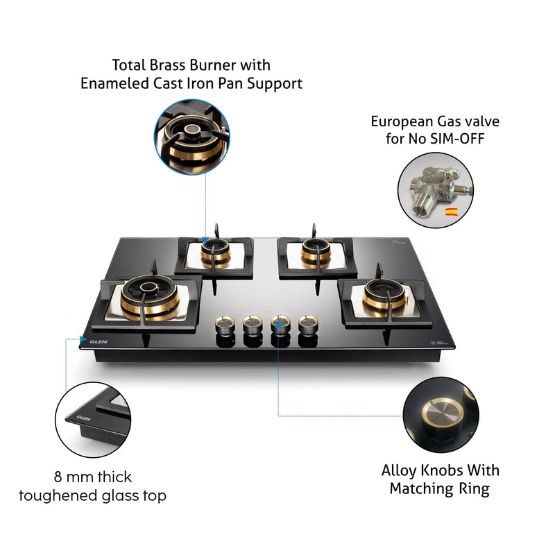4 Burner Glass Gas Hob Top with Triple Ring, Total Double Ring Brass Burner with Flame Failure Device Auto Ignition (1074CIHTTDBTRS)
