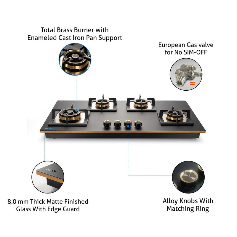 4 Burner Glass Gas Hob Top with Triple Ring Burner Total Double Ring Brass Burner with Flame Failure Device Auto Ignition (BH1094XLHTT2TRMGS)