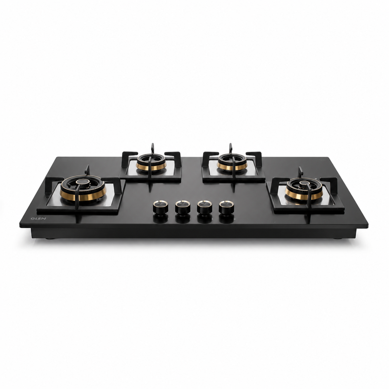 4 Burner Glass Gas Hob Top with Triple Ring Burner Total Double Ring Brass Burner with Flame Failure Device Auto Ignition (BH1094XLHTT2TRMGS)