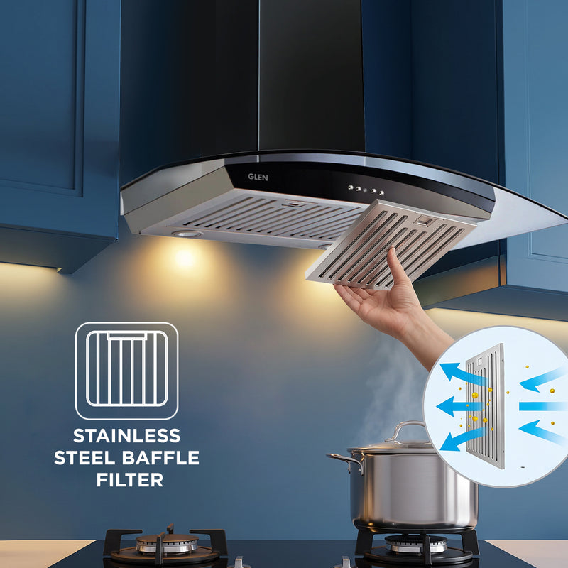 Kitchen Chimney Curved Glass, Push Buttons Baffle filter 90cm 1250 m3/h -Silver with Black Hood (6071 GF)