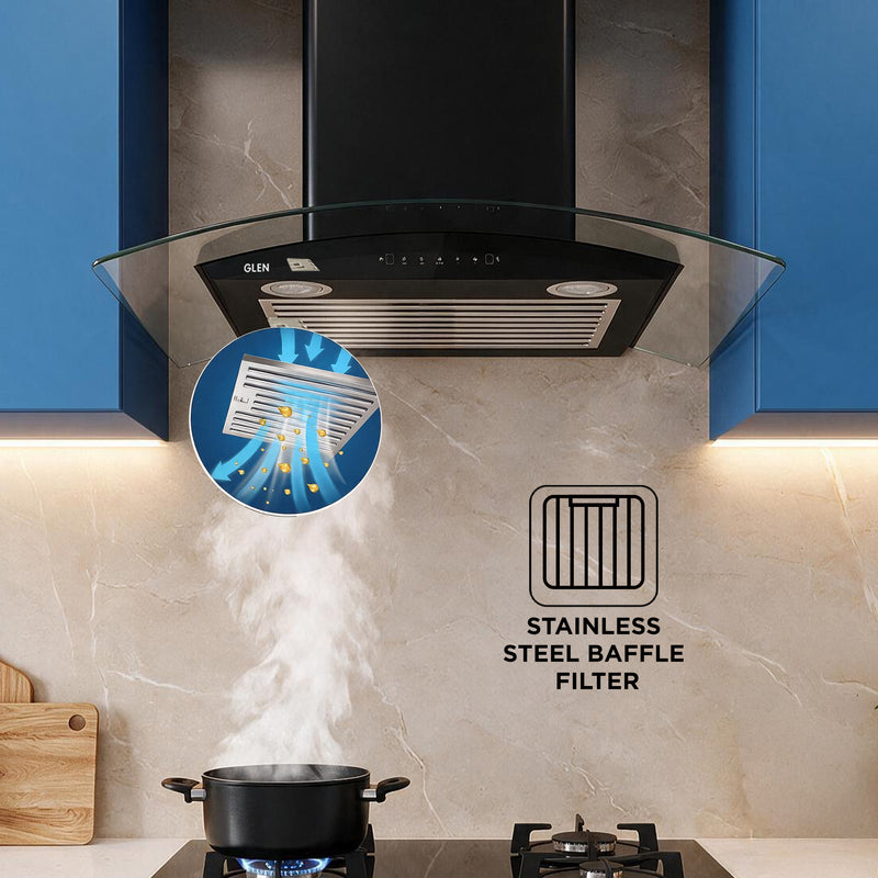 Auto Clean Chimney Curved Glass Baffle Filters with Motion Sensor 60/90cm 1200 m³/h - Black (6063 BL)