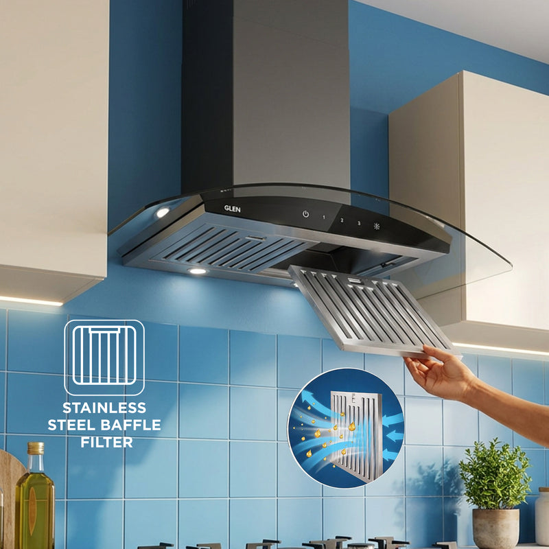 Kitchen Chimney Curved Glass with Touch Sensor Baffle filter 90cm 1250 m3/h - Silver (6071 TS 90)