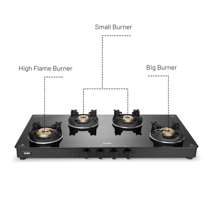 4 Burner Glass Gas Stove with High Flame Brass Burner and Crown Pan Supports (CT 1044 GT BB BL HF CP) - Manual/Auto Ignition