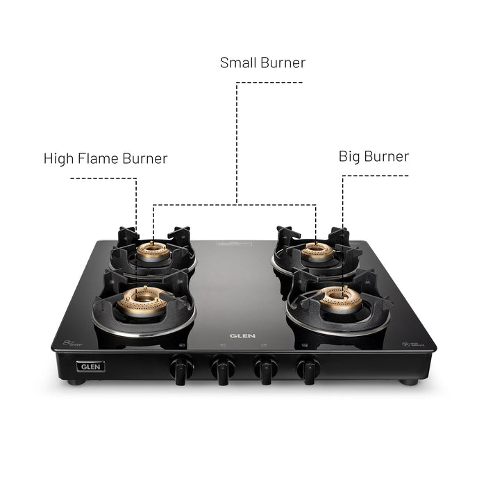 4 Burner Glass Gas Stove with High Flame Brass Burner and Crown Pan Supports (CT 1042 GT BB BL HF CP) - Manual/Auto Ignition