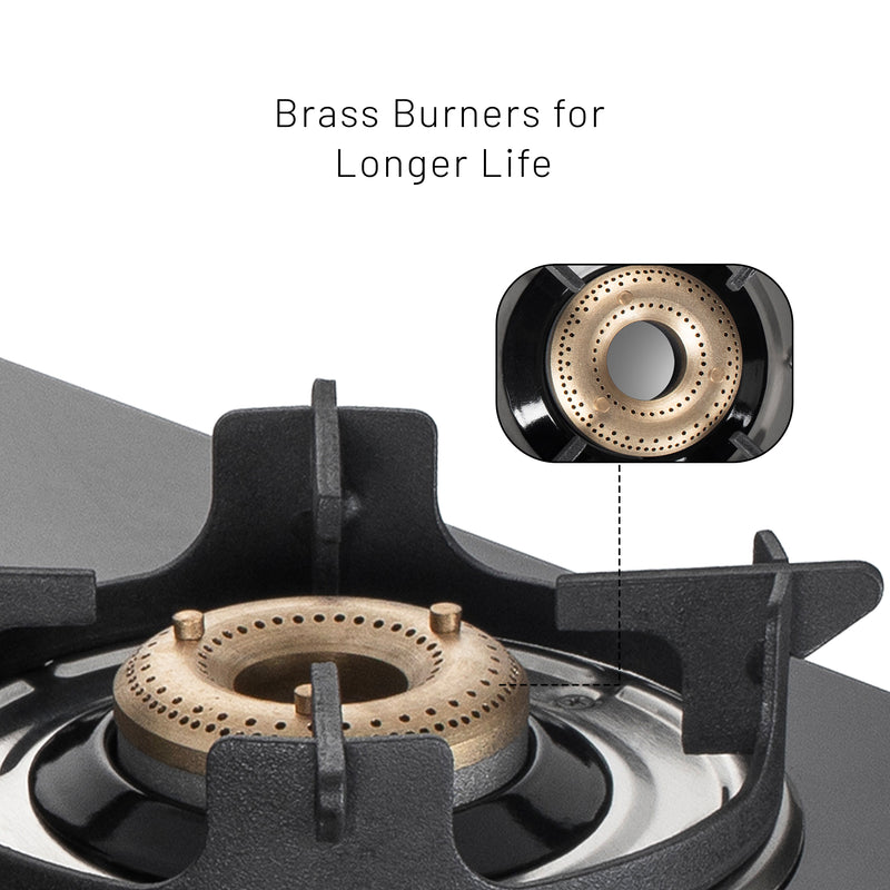 2 Burner Glass Gas Stove with High Flame Brass Burner Crown Pan Supports (CT1022GTBBBLHFCP) - Manual/Auto Ignition