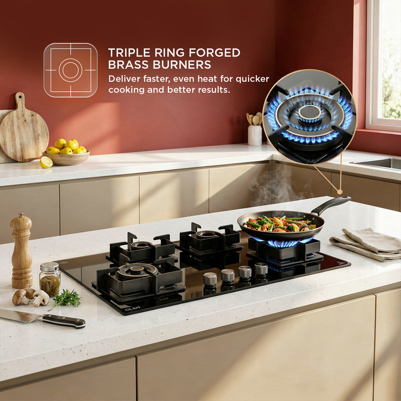 4 Burner DFVS XL Glass Hob with 2 Triple Ring Forged Brass Burners Auto Ignition (BH1094XLDFHT2TR)