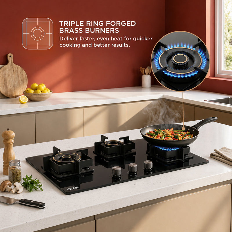 3 Burner DFVS Glass Hob with 2 Triple Ring Forged Brass Burners Auto Ignition (BH1073DFHT2TR77)