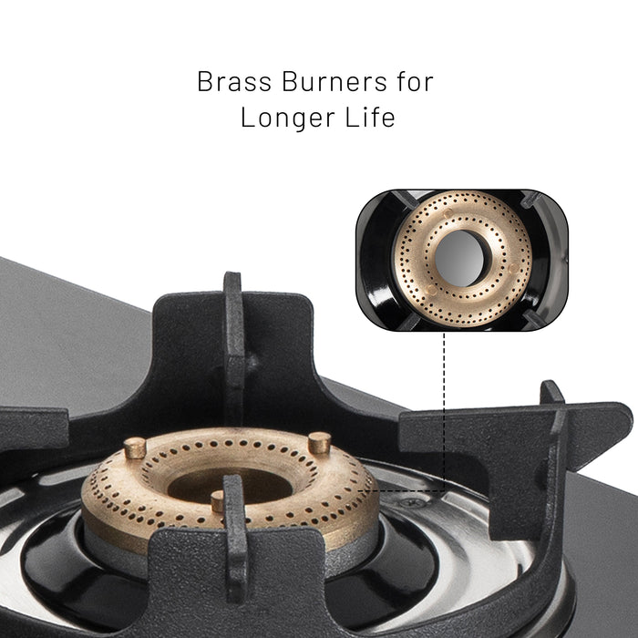 4 Burner Glass Gas Stove with High Flame Brass Burner and Crown Pan Supports (CT1042GTBBBLHFCP) - Manual/Auto Ignition