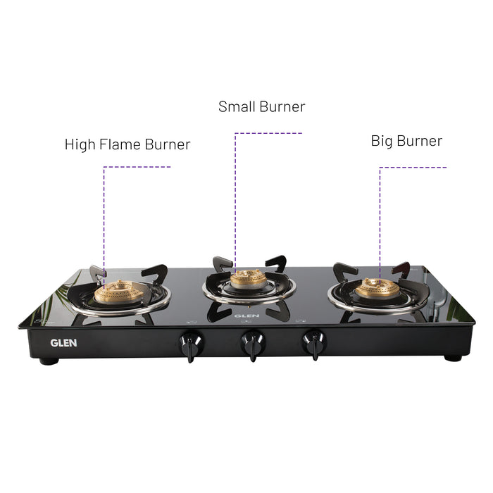 3 Burner Glass Gas Stove with High Flame Brass Burner - Manual/Auto Ignition (1038GTBBBL)