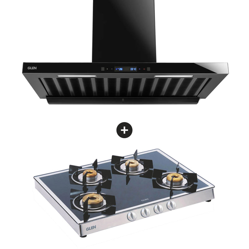 4 Burner Gas Stove Forged Brass Burner (CT1048GTFBM) + Auto Clean Chimney with BLDC Motor 90cm 1600 m3h (CH6052BLDCAC90)