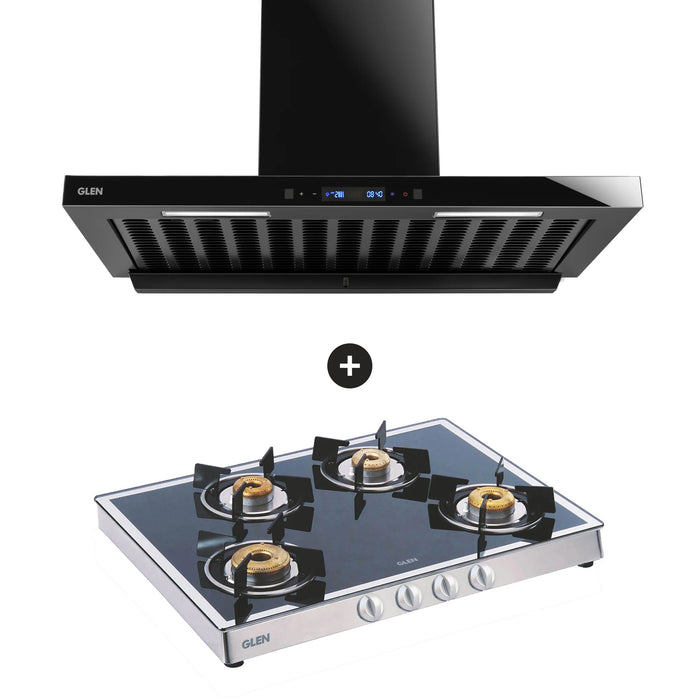 4 Burner Gas Stove Forged Brass Burner (CT1048GTFBM) + Auto Clean Chimney with BLDC Motor 90cm 1600 m3h (CH6052BLDCAC90)