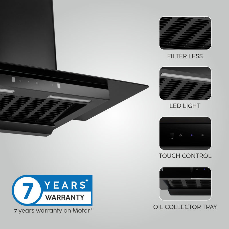 Auto Clean Slim Glass Filter less Kitchen Chimney with Motion Sensor 60/90cm, 1200 m3/h (6062 SLIM BL AC)