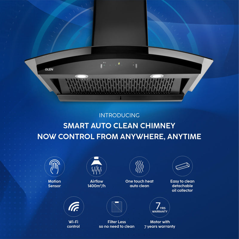 Auto Clean Chimney Curved Glass Filter-less with Wi-Fi Control 1400 m³/h - 60/76/90cm (CH 6068 AC BLS)