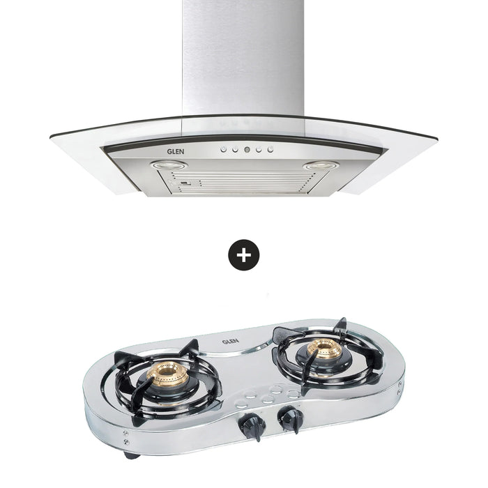 2 Burner Stainless Steel Gas Stove Brass Burner (CT1025SS) + Kitchen Chimney with Push Buttons 60cm 1000 m3h (CH6071EX60BFLTW)