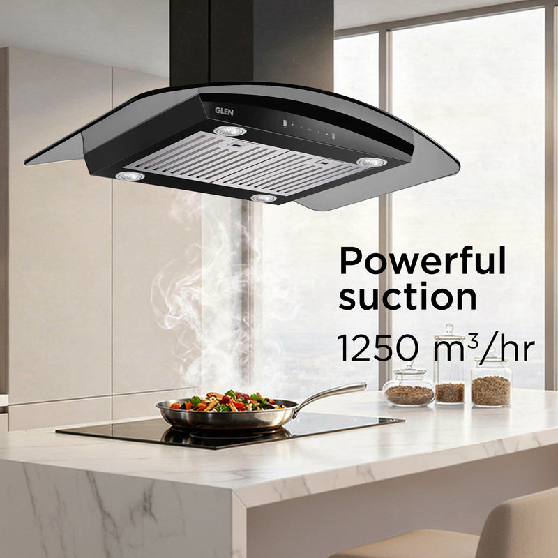 Island Kitchen Chimney Curved Glass Touch Control Motion Sensor Baffle filters 90cm 1250 m3/h (CH6071MSISBL90)