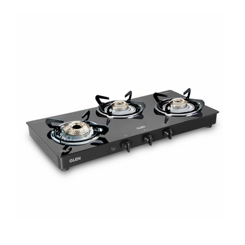 3 Burner Glass Gas Stove with High Flame Brass Burner Double Drip Tray (CT032GTHFBBDDBL) - Manual/Auto Ignition