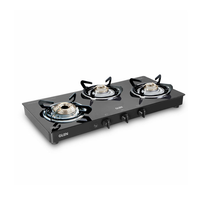 3 Burner Glass Gas Stove with High Flame Brass Burner Double Drip Tray (1032 GT HF BB DD BL) - Manual/Auto Ignition