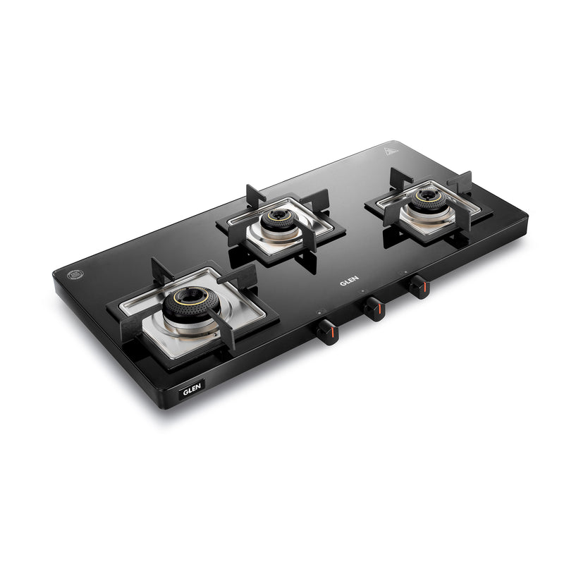 3 Burner Ultra Slim Glass Gas Stove with High Flame Forged Brass Burner - Manual/Auto Ignition (CT1035USBL)