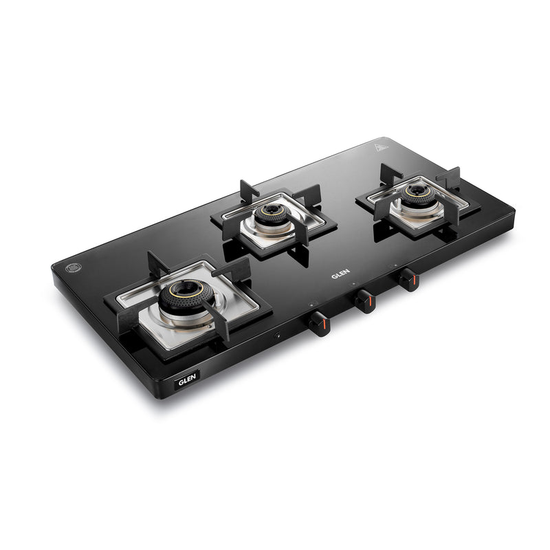 3 Burner Ultra Slim Glass Gas Stove with High Flame Forged Brass Burner - Manual/Auto Ignition (CT1035USBL)
