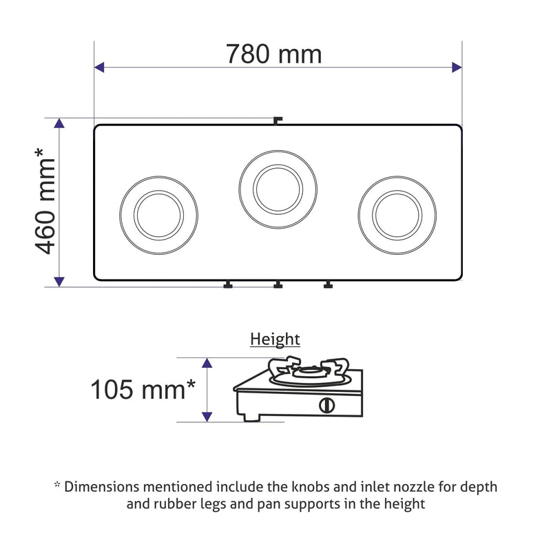 3 Burner Slim Glass Gas Stove with High Flame Forged Brass Burner - Manual/Auto Ignition (CT1038SLSQBLFB)